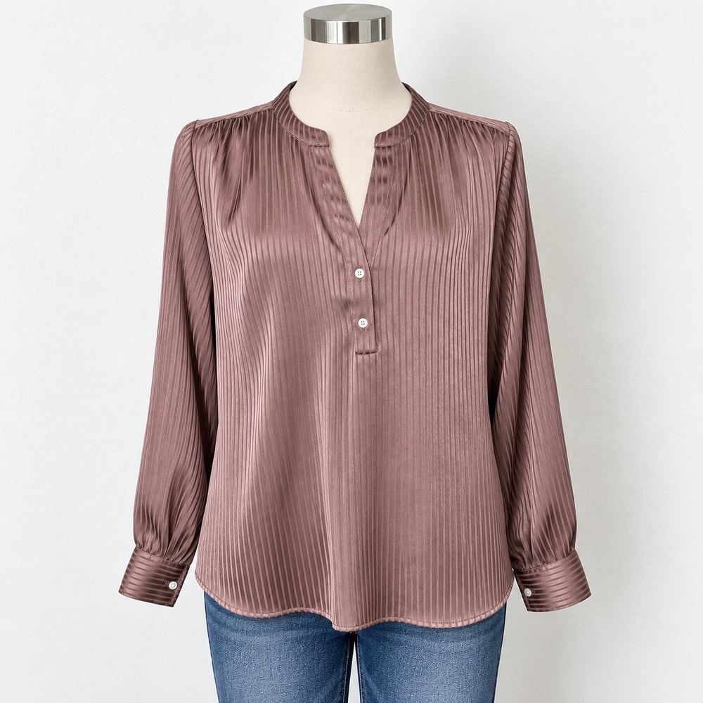 J.Crew Womens XL Mauve Taupe Pleated Satin Henley Blouse Long Sleeve Top